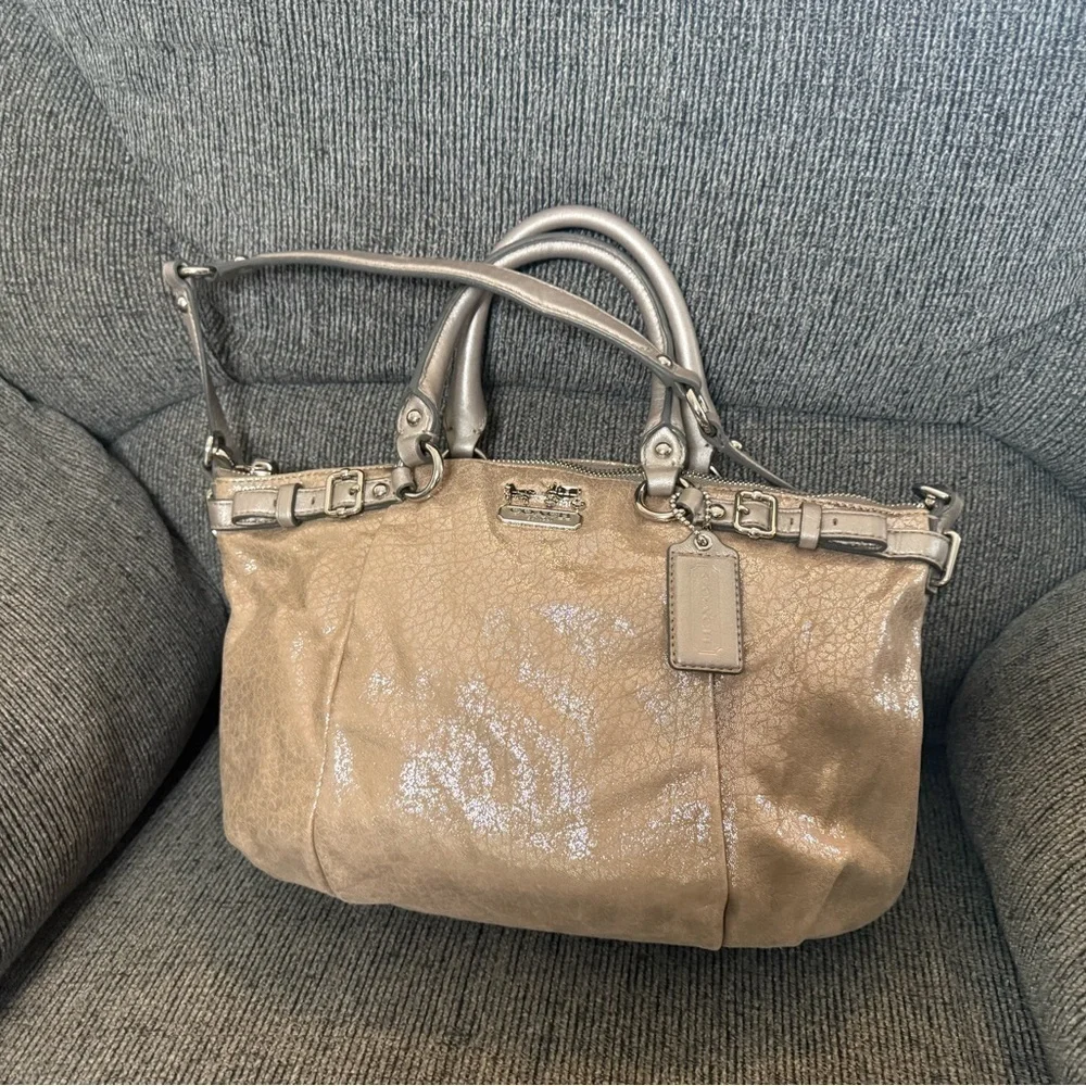 Coach Tan Metallic Madison Satchel with Double Handles and Detachable Strap